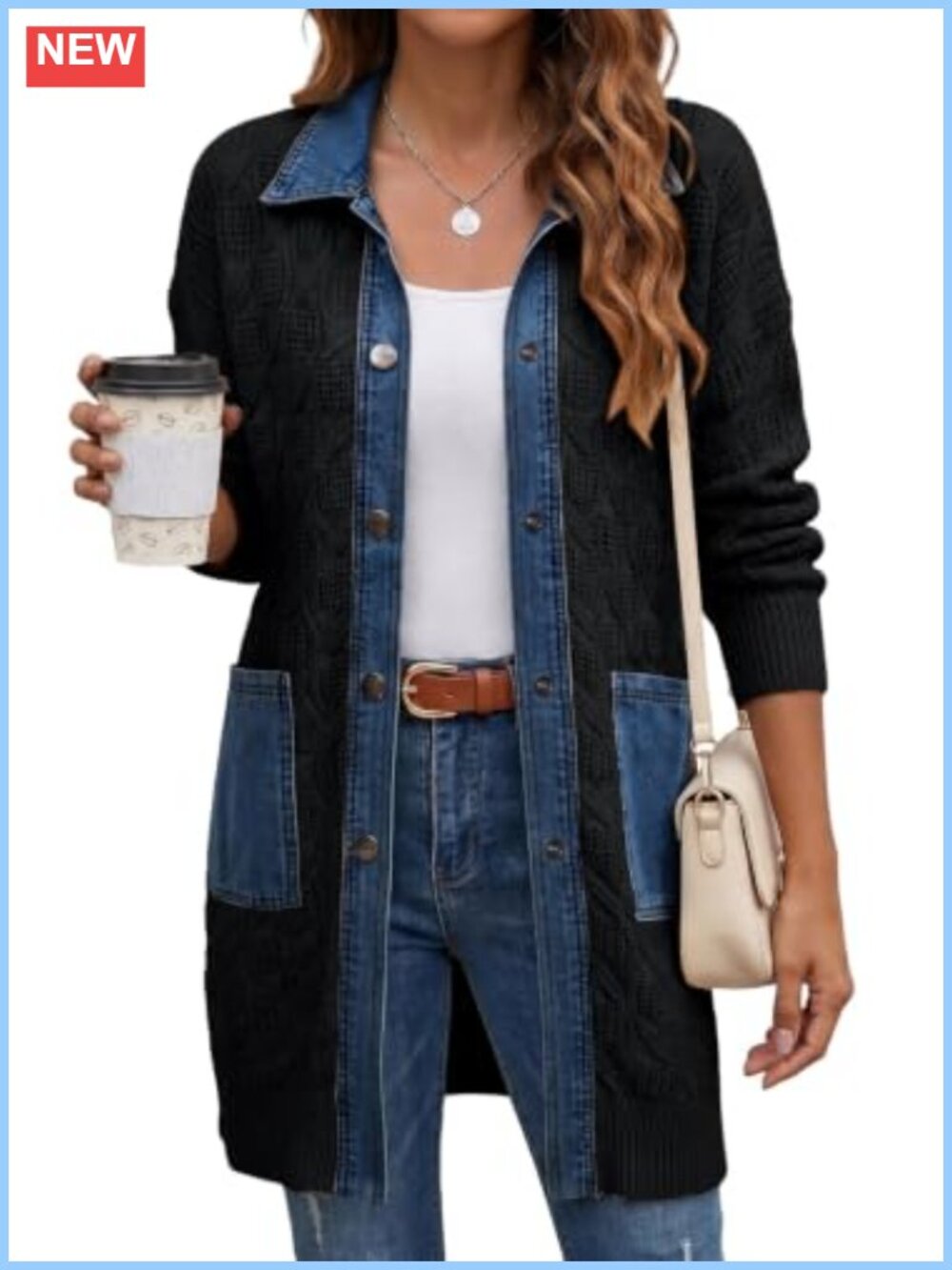 Denim Patchwork Button Down Cable Knit Chunky Cardigan Sweater